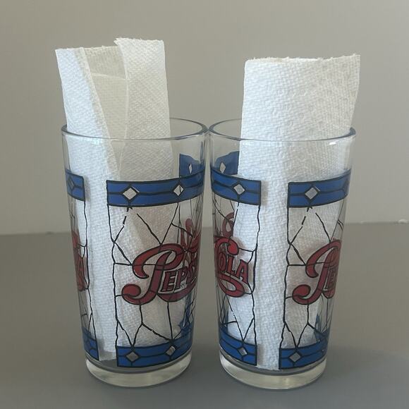 Pepsi-Cola Glasses Tiffany Style Stained Glass Drinking Tumbler 8 Oz Set 2 VTG - Picture 2 of 6